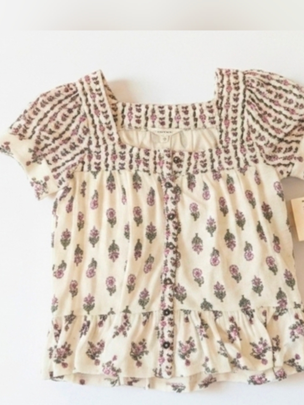 NEW Lucky Brand Floral Cream & Lavender Peasant Puff Sleeve Top Womens XS